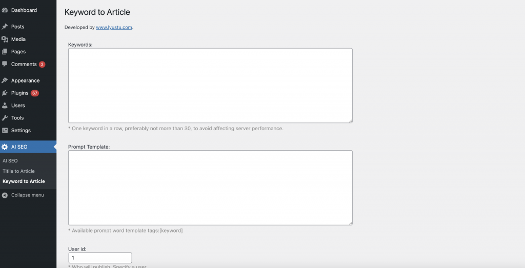 AI SEO wordpress plugin. keyword to article
