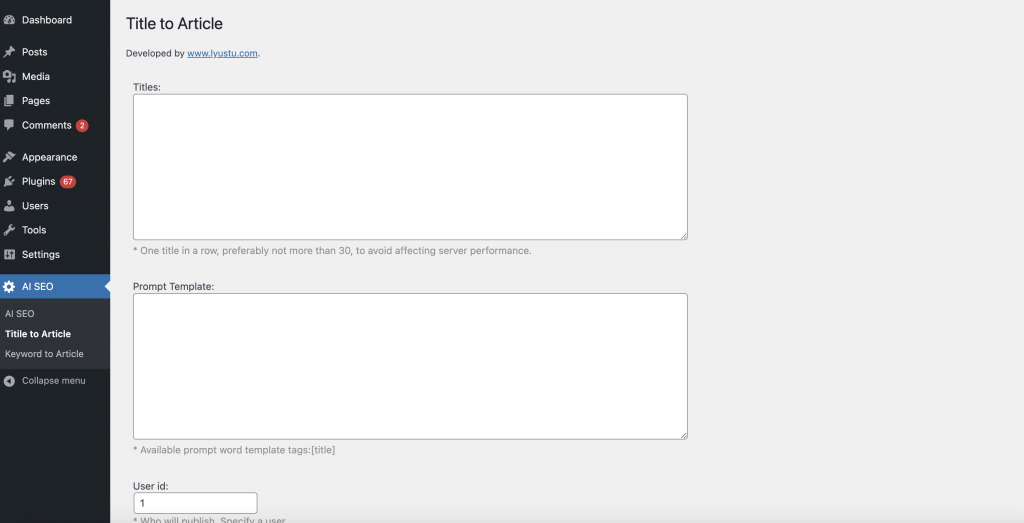 AI SEO wordpress plugin. title to article